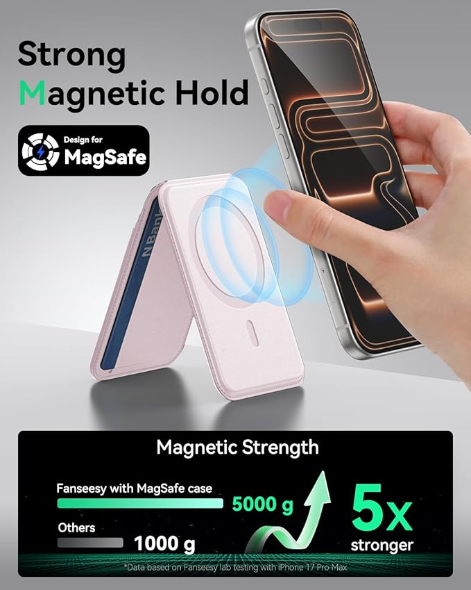 TWZKG for MagSafe Wallet, Works with Apple Find My,5 Card Holder with Stand, Magnetic Phone Wallet for iPhone 17/16/15/14/13/12 Pro Max Plus Air, RFID Blocking Vegan Leather,Pink