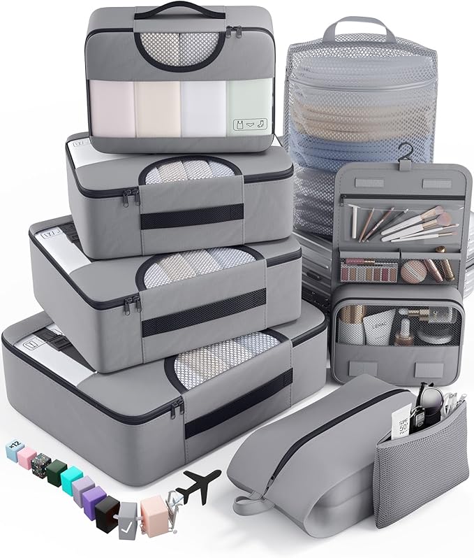 Veken 8 Set Packing Cubes for Travel Essentials, Suitcase Organizer Bags in 4 Sizes, Carry-On Luggage Accessories with Large Laundry & Hanging Toiletry Bag, Must-Have for Airplane, Road Trip & Camping