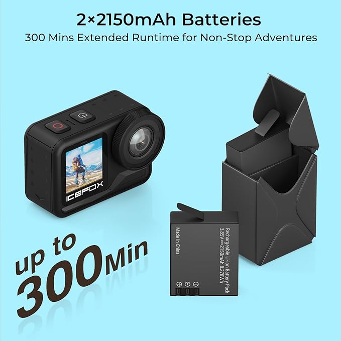 icefox Action Camera 4K 60FPS 20MP, Underwater with EIS,5XZoom,App Support Video&Photo Editing,Waterproof Camera WiFi Remote Control for Cycling, Swimming, and Diving