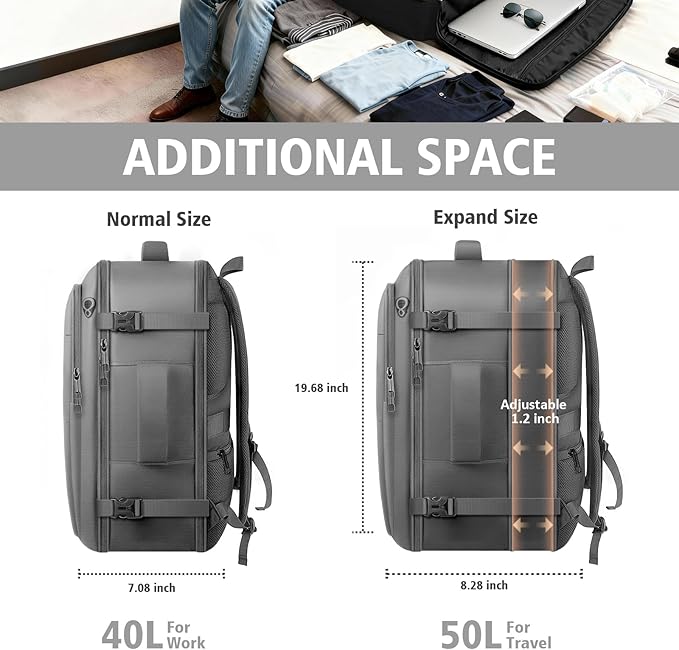 tazbuzo Travel Backpack, Extra Large 50L Flight Approved Carry on Backpack, Expandable Waterproof Business Suitcase Daypack Big Bag Fits 18.4 Inch Laptop, Grey