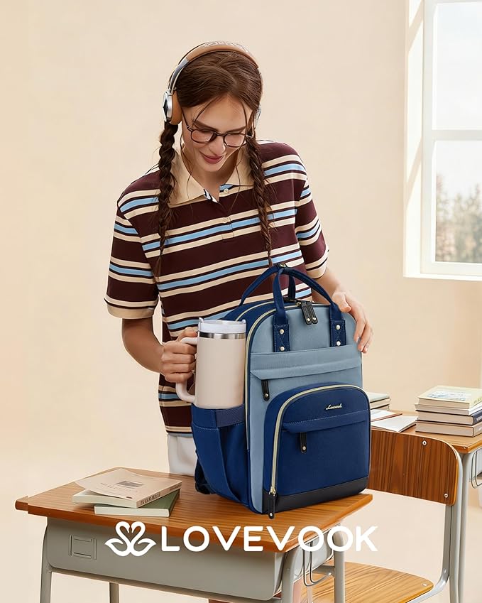 LOVEVOOK Laptop Backpack for Women with Giant Tumbler Holder Pocket,18.4 inch School College Bookbag Nurse Teacher Backpack,Work Travel Backpack Purse Laptop Computer Bag,Indigo blue-Mint green-Indigo