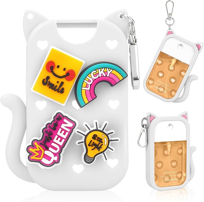 Cute Cat Silicone Cover for Touchland Hand Sanitizer Spray with Keychain,Fit 1FL OZ/30ML Power Mist,4 Charms Accessory Hand Sanitizer Keychain Holder for Touchland(1PCS White)