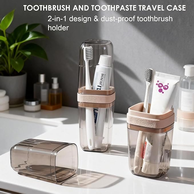 Toothbrush and Toothpaste Travel Case: 2-in-1 Portable Travel Toothbrush Case with Rinse Cups, Compact Dustproof Toothbrush Holder for Traveling, Camping, Trip, School, Bathroom