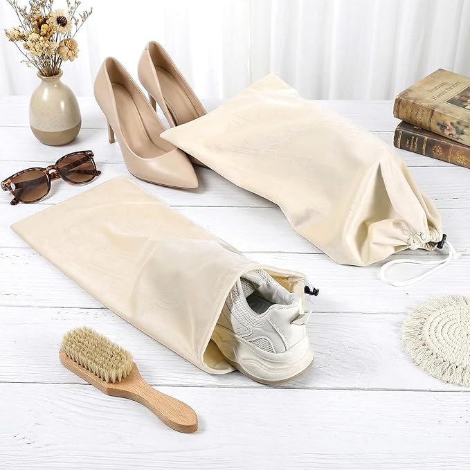 8 PCS Single Shoe Bags for Traveling, 9.1×17.7 Inch Travel Shoe Bags for Packing in Suitcase Velvet with Drawstring Shoes Storage Bag Dust-Proof for Women and Men, Travel and Home Storage-Beige