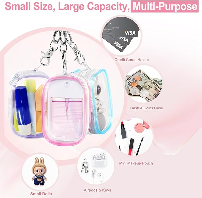 Hand Sanitizer Spray Clear Case for 1FL OZ/30ml, 3 Pack Hand Sanitizer Holder Zippered Pouch, Mini Clear Makeup Bag, Figures Display Bag, with Keychain Snap Hook (Pink & Blue & Purple)