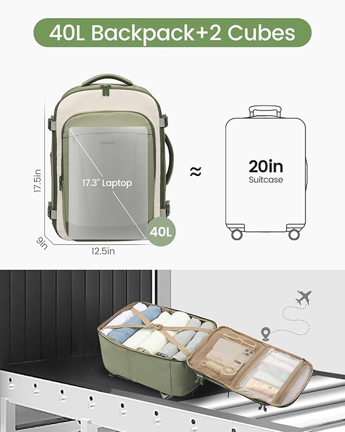 LOVEVOOK 40L Travel Backpack for Women & Men, Airline Approved Carry On Backpack, TSA Personal Item Bag fits 17.3 Inch Laptop, Waterproof Weekender Overnight Bags Suitcase for Work, Pink-Beige-Brown