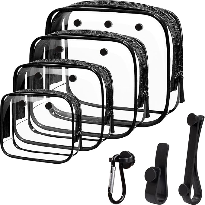 4 Pack Clear Toiletry Bags, Portable Travel Makeup Pouch with Zipper, TSA Approved Organizer, Clear Pouch Bags Compatible With Bogg Bag Divider Accessories (Black)