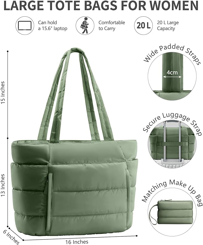 Bagstellar Puffer Tote Bag for Women, Lightweight Puffy Work Handbag Teacher Nurse Quilted Shoulder Bag for School Travel Gym | Cloud Bag w/ Zipper, Daily College Bags, 15.6" Computer Bag, Clinical Nursing Bag, 40 OZ Tumbler Holder, Ideal Gift for Women