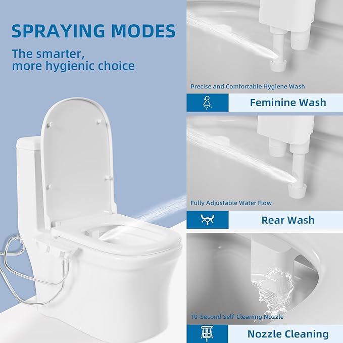 Bidet Attachment for Toilet, Adjustable WHot and Cold Water & Pressure, Self-Cleaning Dual Nozzles, Easy Install (White)