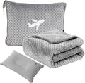 Travel Blanket Airplane Compact with Bag, Travel Essentials 3 in 1 Packable Airplane Blanket, Travel Pillow and Blanket Set, Inflatable Pillow, Luggage Sleeve & Backpack Clip (Light Grey)