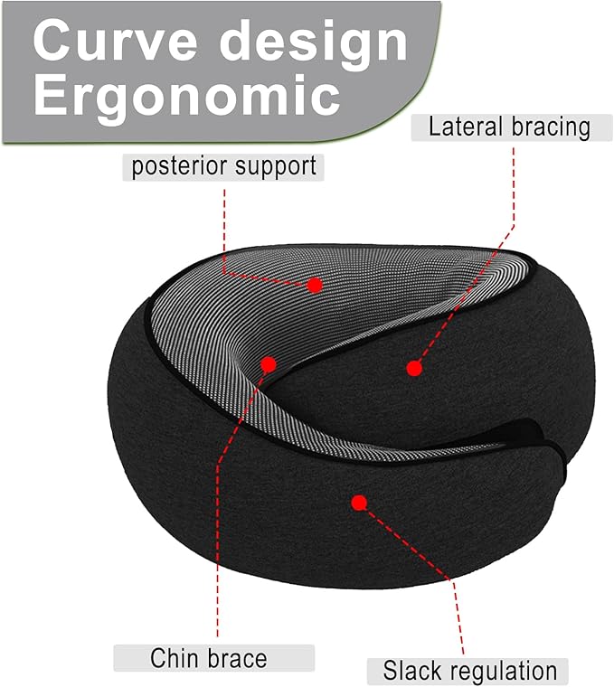 Cloud Sleep Travel Pillow｜360° Adjustable Neck Pillow for Airplane & Office｜NASA Memory Foam｜Free Eye Mask & Earplugs (Black)