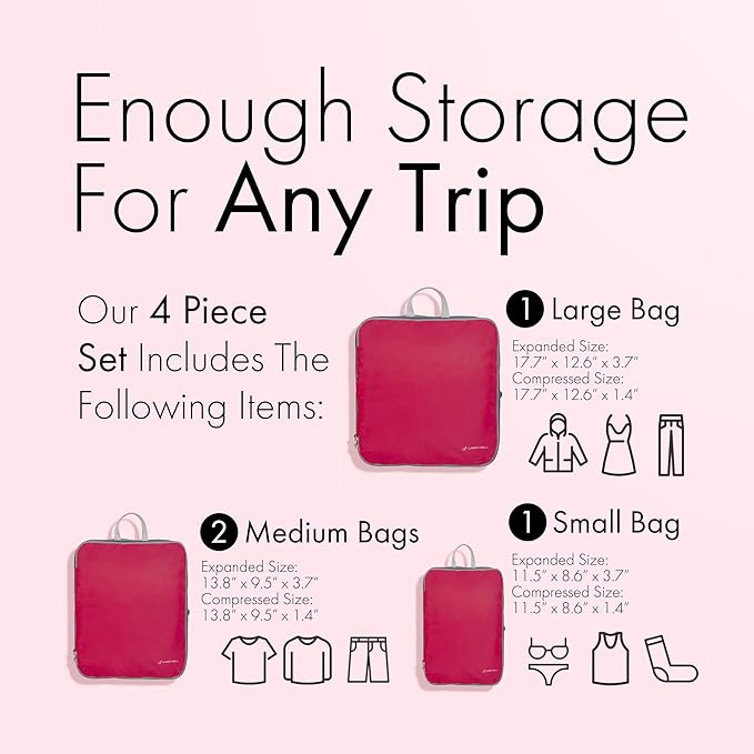 (Not Made In China) Compression Packing Cubes For Travel, Suitcase and Luggage Space Saver Organizer Bags, Lightweight, Waterproof Nylon, Durable, 4pc Set, Plum