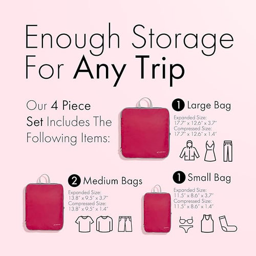 (Not Made In China) Compression Packing Cubes For Travel, Suitcase and Luggage Space Saver Organizer Bags, Lightweight, Waterproof Nylon, Durable, 4pc Set, Plum