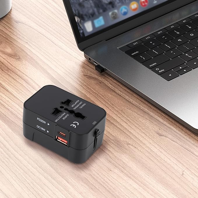 Universal Travel Adapter, PD20W International Power Adapter,1 Type-C & 1 USB-A Fast Charging Travel Charger, All in One Worldwide Wall Travel Plug Adapter, Outlet Power Plug Converter for EU UK USA AU