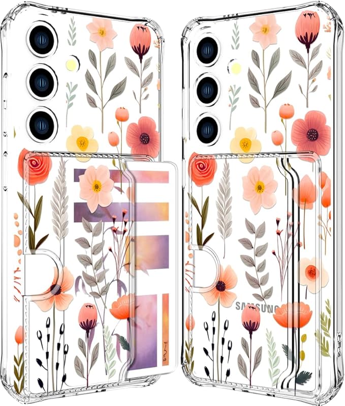 Compatible with Samsung Galaxy S24 / S25 Case Card Holder for Women Cute Design,Wallet Phone Cases Transparent Cool Kawaii Protective (Clear Flowers Leaves)