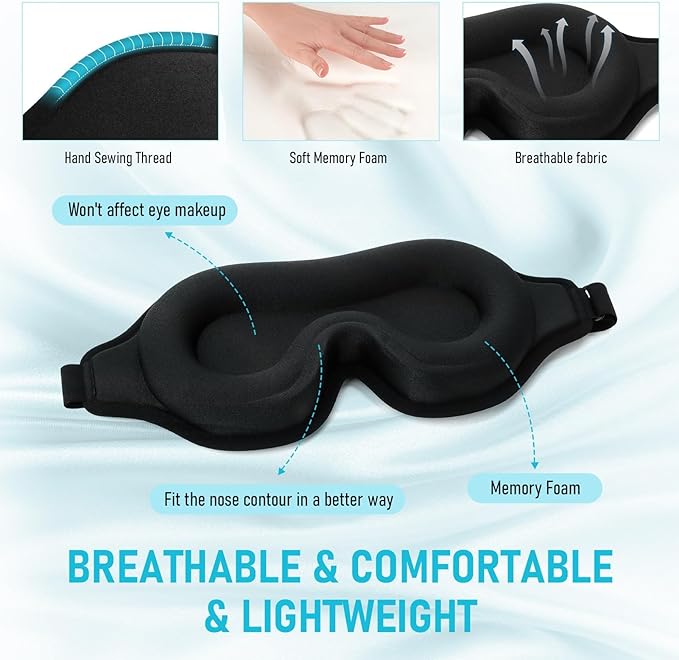 FlyCoco Blackout Eye Mask for Sleeping, 3D Contoured Cup No Pressure Sleep Mask with Adjustable Strap, Ultra-Thin Sides Breathable Lightweight Soft Eye Cover for Men Women Home Travel Airplane Party