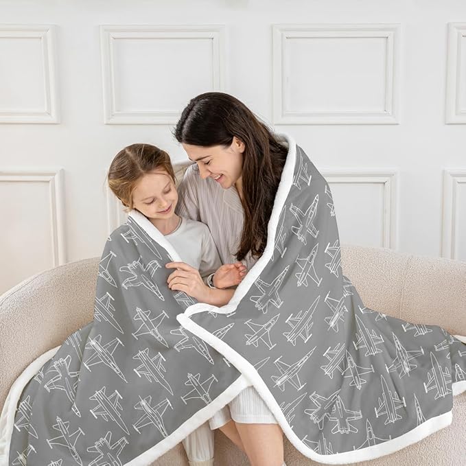 Cartoon Airplane Kids Throw Blanket,American Aircraft Toddler Bed Blanket for Girls Boys Adults,Hand-Painted Air Plane Fleece Blanket,Grey White Unique Fuzzy Blanket,Queen Size (90 x 90 Inches)
