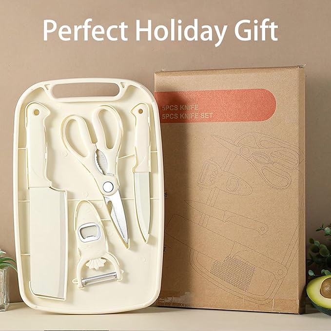 Cutting Board and Knife Set, 5 In1 Travel Cutting Boards And Knife Travel Cutting Board Kitchen Scissors and Peeler For Kitchen (Beige)