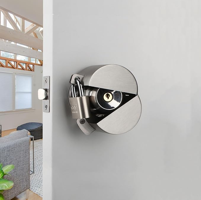 Door Knob Lockout Device with Padlock, Metallic Stainless Steel Locking Cover to Disable Doorknob, Prevents Turning of Door Knob and Access to Keyhole, Prevents Operating The Knob