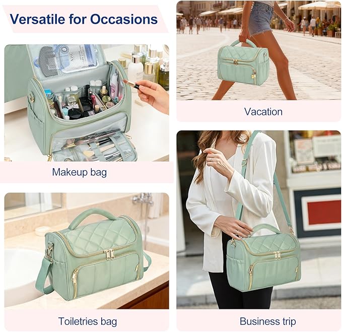 GR69N Travel Toiletry Bag Large Cosmetic Makeup Bag Organizer for Women,Wide-open Make Up Bag Waterproof Makeup Case Travel Bag with Handle and Dividers for Toiletries,Essentials,Accessories,Green