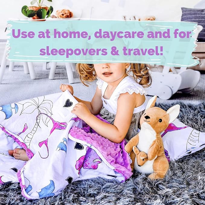 JumpOff Jo Nap Mat for Kids - Cozy Kids Rest Mat with Removable Pillow and Ultra Soft Blanket for Preschool, Daycare, and Sleepovers - Pink Dino