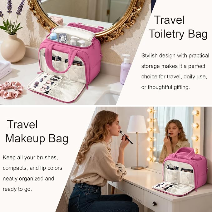 Bagstellar Travel Toiletry Bag for Women, Lightweight Large Quilted Puffy Makeup Bag Wide-open Make up Organizer Cloud Cosmetic Bag w/Handle for Traveling, Toiletries Essentials Accessories Rose Pink