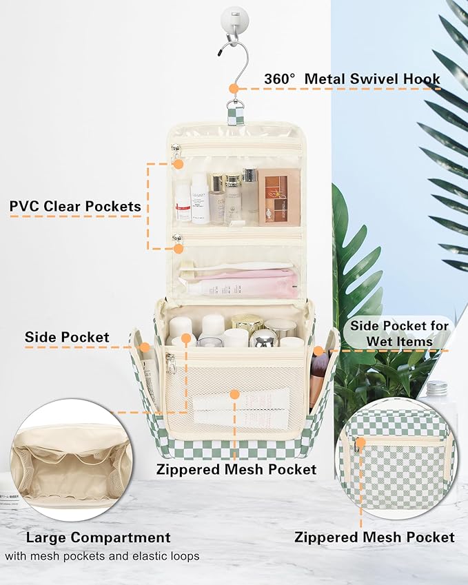 Relavel Travel Toiletry Bag for Women Makeup Bag Cosmetic Organizer Toiletries Bag with Hanging Hook for Travel Size Essentials Accessories Shower Caddy Bag for Bathroom Beach Gym, Green Checkerboard