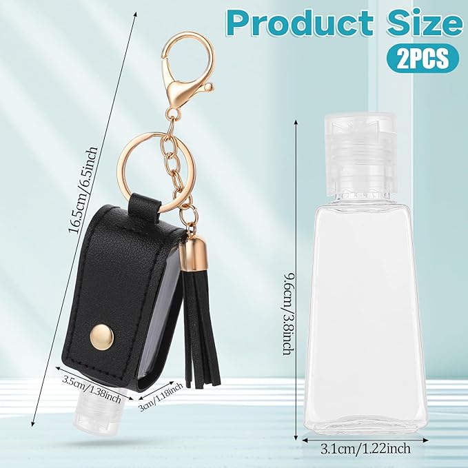 2 Pcs Portable Handwashing Fluid Holder Bottles with Keychain, Refillable Travel Containers, 1oz/30ml Squeeze Bottles for Toiletry Lotion Liquid Soap Shampoo (Black)