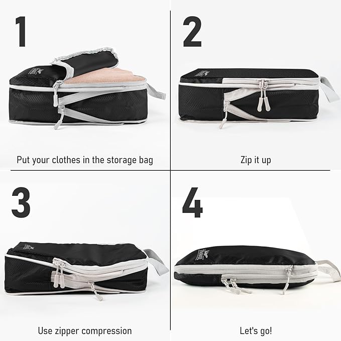 4 Set Compression Packing Cubes, Suitcase Organizer, Lightweight Travel Essentials, Compression Bags For Travel Accessories Luggage Storage Set (4 Pcs, Black)