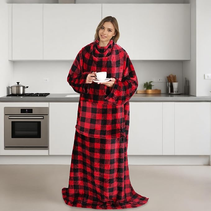Catalonia Packable Travel Wearable Blanket Pillow with Sleeves for Adults, 2 in 1 Wearable Blanket with Pockets