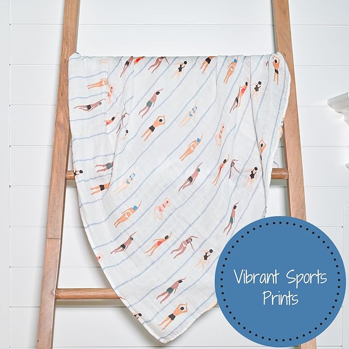 LollyBanks Swaddle Blanket, 100% Cotton Muslin, Soft Baby Blanket 47 x 47 Inches, Neutral for Boys & Girls, Registry (Swimming/Sports Print)