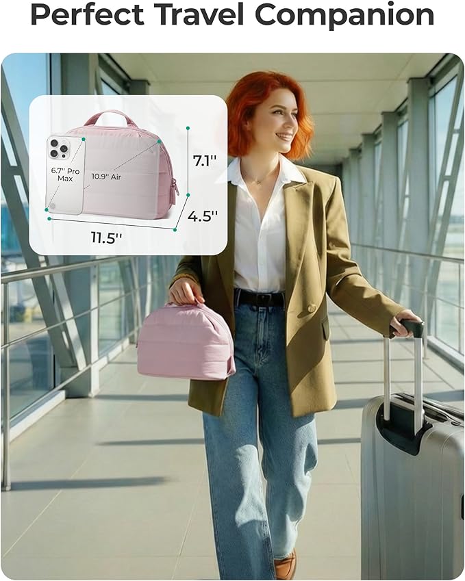BAGSMART Travel Makeup Bag for Women, Portable Fold-down Cosmetic Case, Puffy Padded Make Up Organizer Pouch, Water-resistant Toiletry Bag for Toiletries, Brushes (Khaki Brown checkered Print)