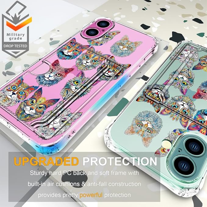 Compatible with iPhone 16 Plus Case Card Holder for Women Cute Design,Wallet Phone Cases Transparent Cool Kawaii Protective (Clear Tattoo Cats Animal)