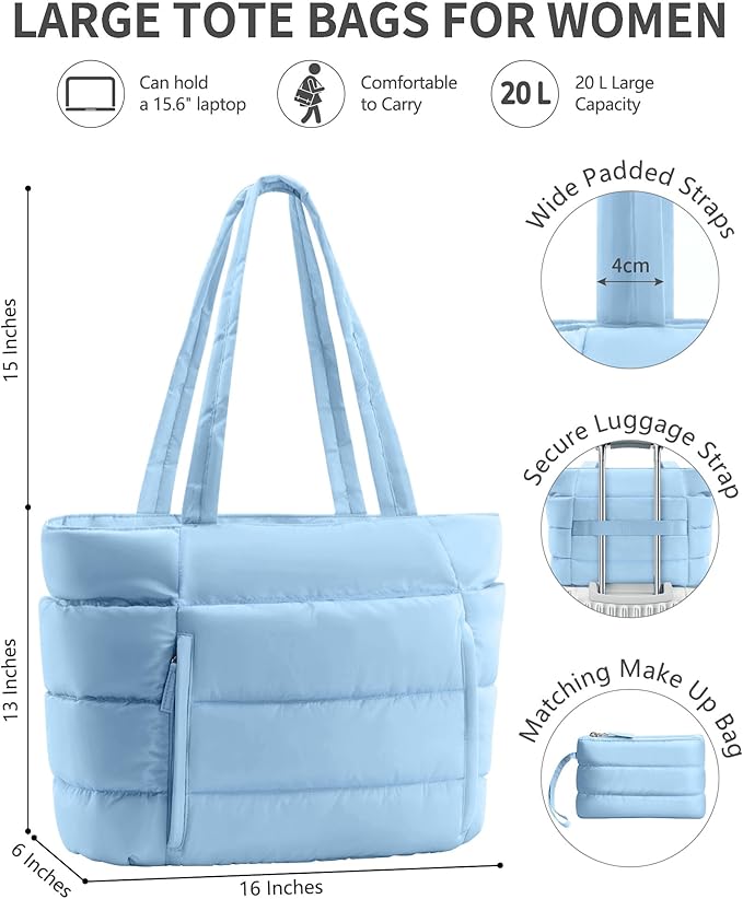 Bagstellar Puffer Tote Bag for Women, Lightweight Puffy Work Handbag Teacher Nurse Quilted Shoulder Bag for School Travel Gym | Cloud Bag w/ Zipper, Daily College Bags, 15.6" Computer Bag, Clinical Nursing Bag, 40 OZ Tumbler Holder, Ideal Gift for Women