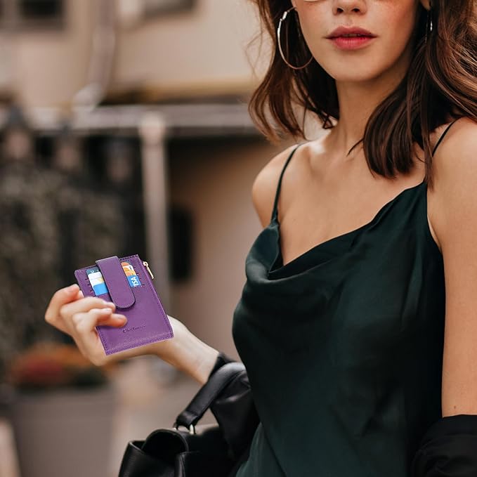 Women's RFID Slim Card Holder Wallet: Thin Bifold with Multi-Card Case & Zipper Coin Pocket Purse (Deep Purple)