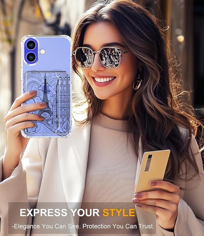 Compatible with iPhone 17 Case Card Holder for Women Cute Design,Wallet Phone Cases Transparent Cool Kawaii Protective (Clear Paris City Eiffel Tower)