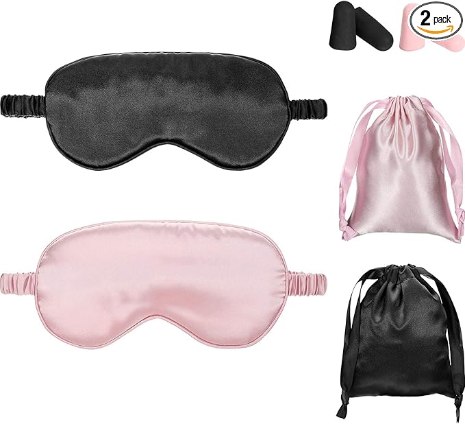 Silk Satin Sleeping Mask Eye Mask Set Include 2 Blindfold Eyeshade Elastic Strap Double Layer Silk Filling Eye Cover 2 Ear Plugs 2 Storage Bags for Women and Men Sleep Travel Nap (Black, Pink)