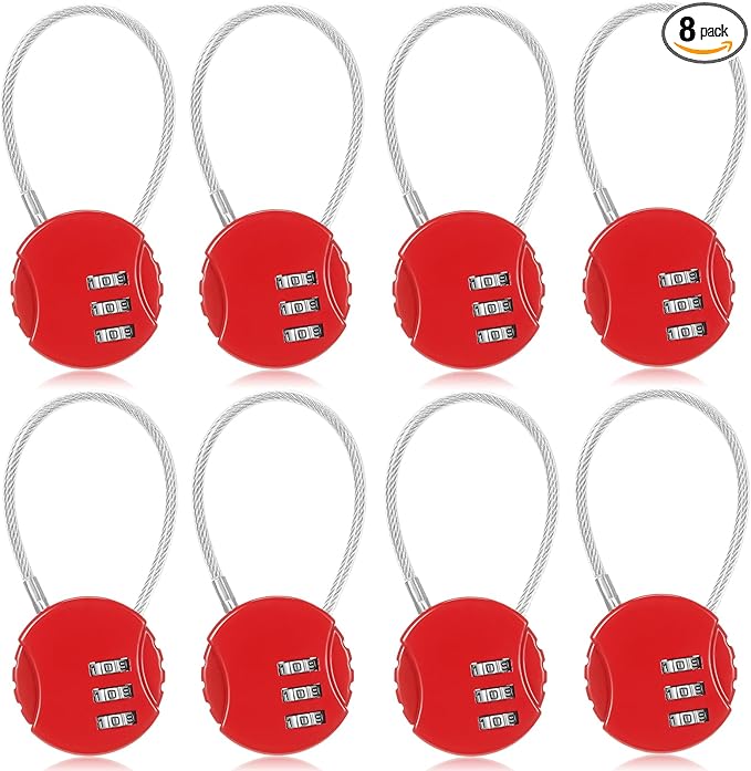 Moxweyeni 8 Pack Combination Wire Lock 3 Digit Small Combo Luggage Number Cable Padlock Outdoor Waterproof Resettable Lock for School Gym Locker Travel Backpack Suitcase Storage (Red)