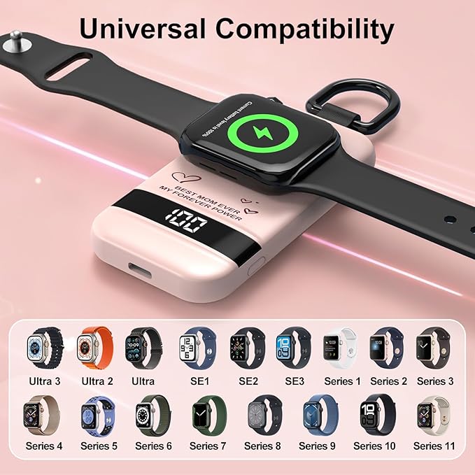 5W Fast Portable Charger for Apple Watch, 2500mAh iWatch Charger for Apple Watch Series 11 1-10/Ultra 3 1-2/SE 3 1-2, Mothers Gifts for Mom from Son Daughter (Pink-Mom)
