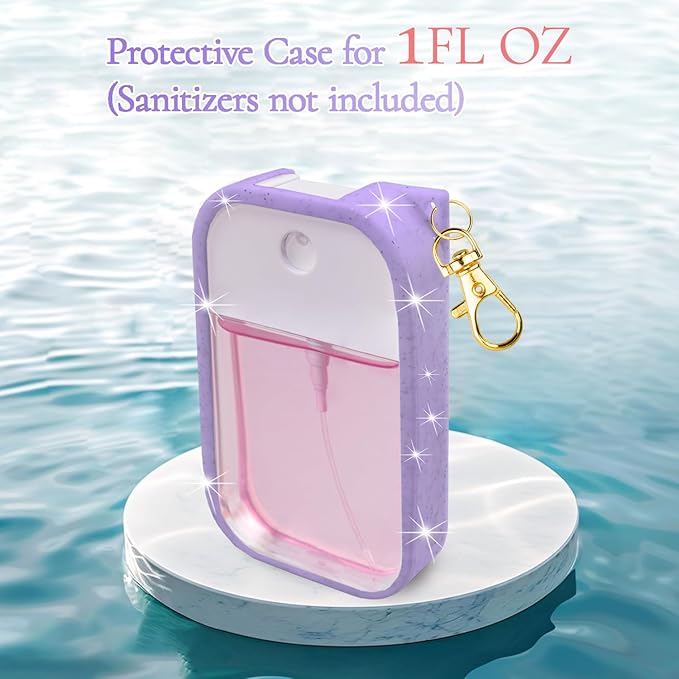 Silicone Case Compatible with Touchland Hand Sanitizer Spray, Protective Case with Keychain for 1 fl oz, Hand Sanitizer Spray Accessory (Glitter Sequin Purple)