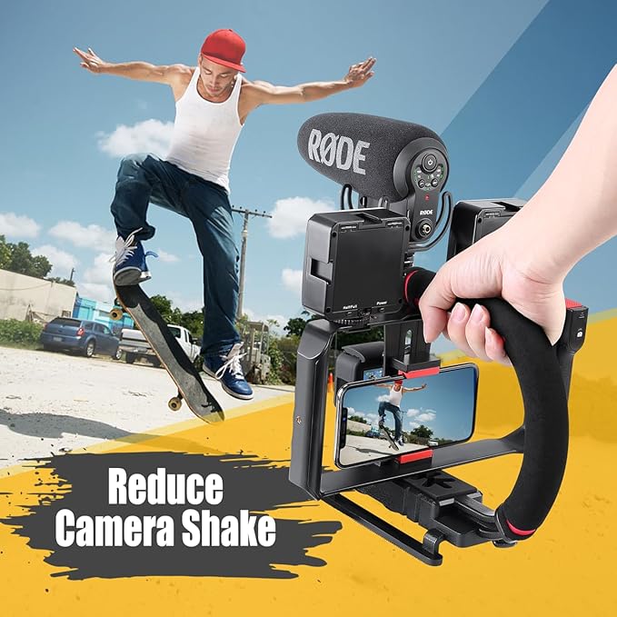 Zeadio Camera Smartphone Handheld Stabilizer, Triple Cold-Shoe Handle Grip Compatible with All Camera Action Camera DSLR Smartphone