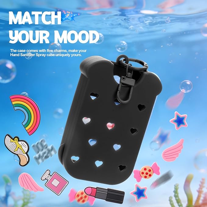 Mity rain Hand Sanitizer Spray Case Compatible With Touchland, Cute Silicone Hand Sanitizer Holder Keychain with 4 Charms, Portable Refillable Sanitizer Accessory, Gift for Women And Teens