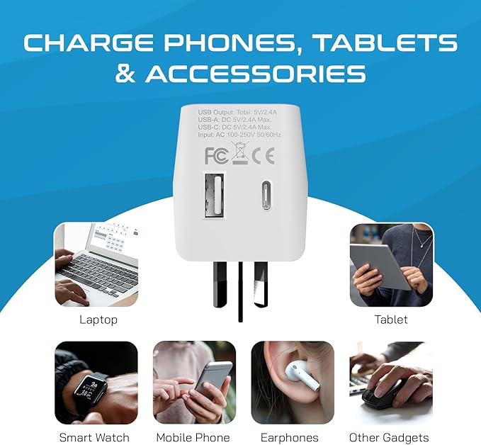 Ceptics Australia, New Zealand, China Travel Adapter Plug - Dual USB Input - Ultra Compact - USA to Type I - Perfect for Cell Phones, Chargers, Cameras, Tablets, and more (CTU-16)