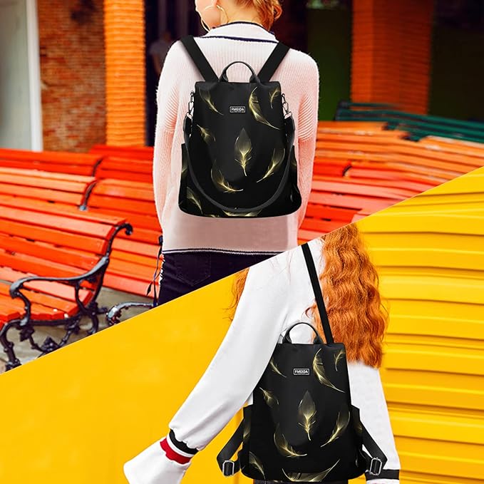 Fmeida Travel Backpack Purse for Women Anti Theft Convertible Backpacks Fashion Waterptoof Nylon Daypack Black Feather