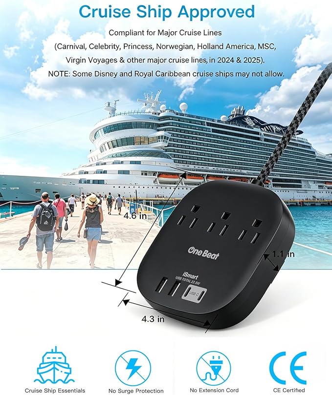 Cruise Ship Travel Essentials, 22.5W/4.5A Flat Plug Power Strip, 6Ft Extension Cord, 3 Outlets 4 USB Ports (2 USB C) Cruise Approved Power Strip No Surge Protection, Desktop Charging Station, Black