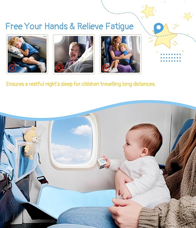 Toddler Airplane Bed, Toddler Travel Bed Airplane Seat Extender for Kids, Plane Tray Cover with Built-in Holder, Baby Travel Essentials for Flying, Portable Plane Footrest for Kids Blue