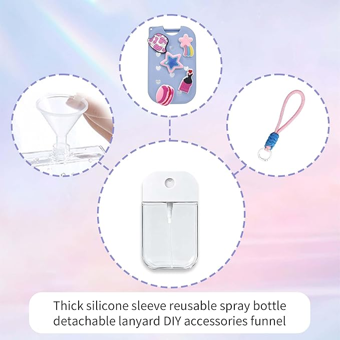 Refillable Spray Bottle Keychain with Silicone Case, Customizable with 8 Charms for 1.69oz/50ml Liquid, Portable Leakproof Travel Accessory (Blue)