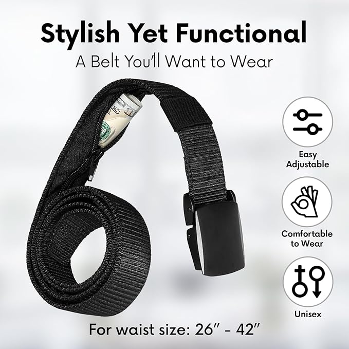 SP HOME GOODS Travel Money Belt with Hidden Money Pocket, Nylon Military Tactical Mens with Zinc Alloy Buckle- Black