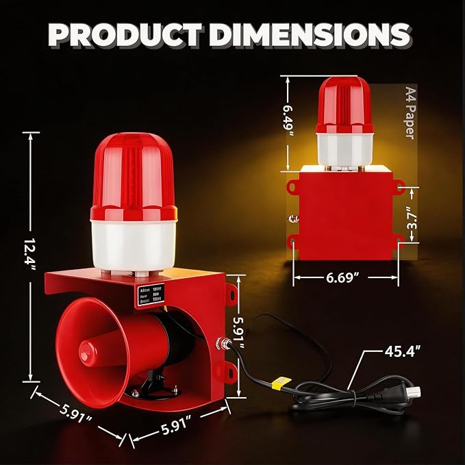 AC110V Industrial Siren Alarm Strobe Light-120dB Loud Horn&Red Beacon Warning Light,Waterproof Indoor/Outdoor Safety Alarm for Emergency,Factory,Office,Fires,Tornado,Intruders,Animal Deterrent