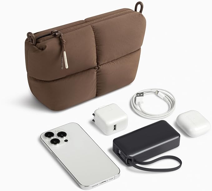Comfyable Puffy Electronics Organizer Travel Case, Cute Tech Pouch for Women Men, Cable Storage Bag for Charger, Phone, Power Bank, Cord, Compact Tech Accessories Pouch, Mocha Brown